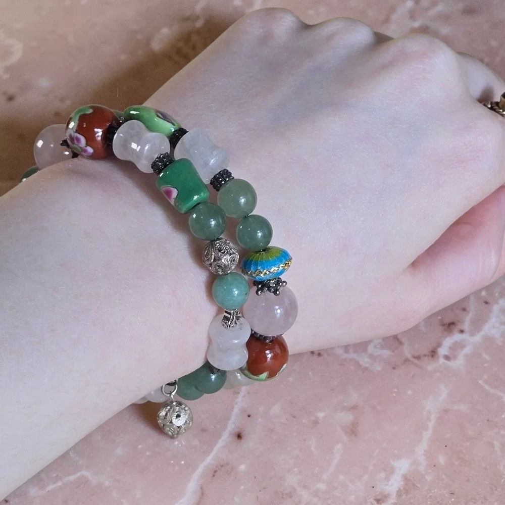 Sterling Silver Filigree Cloisonne Bracelet Rose Quartz Beaded Wrap Artisian